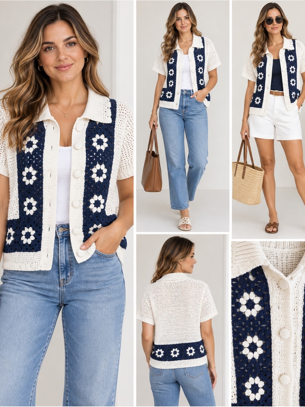 She + Sky Cream and Navy Crochet Daisy Short-Sleeve Button Cardigan